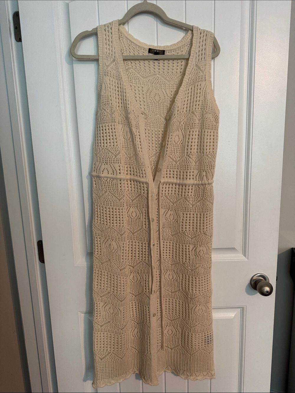 Crochet Midi Vest Sweater with Waist Tie in Cream